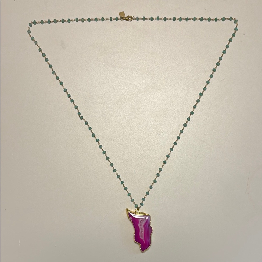 Long Pink and Gold tone Pendant Necklace